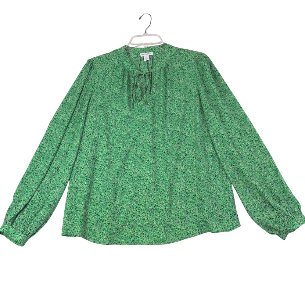 Carolina Belle Large Green Floral Tie Neck Blouse Long Sleeve Career Cottagecore